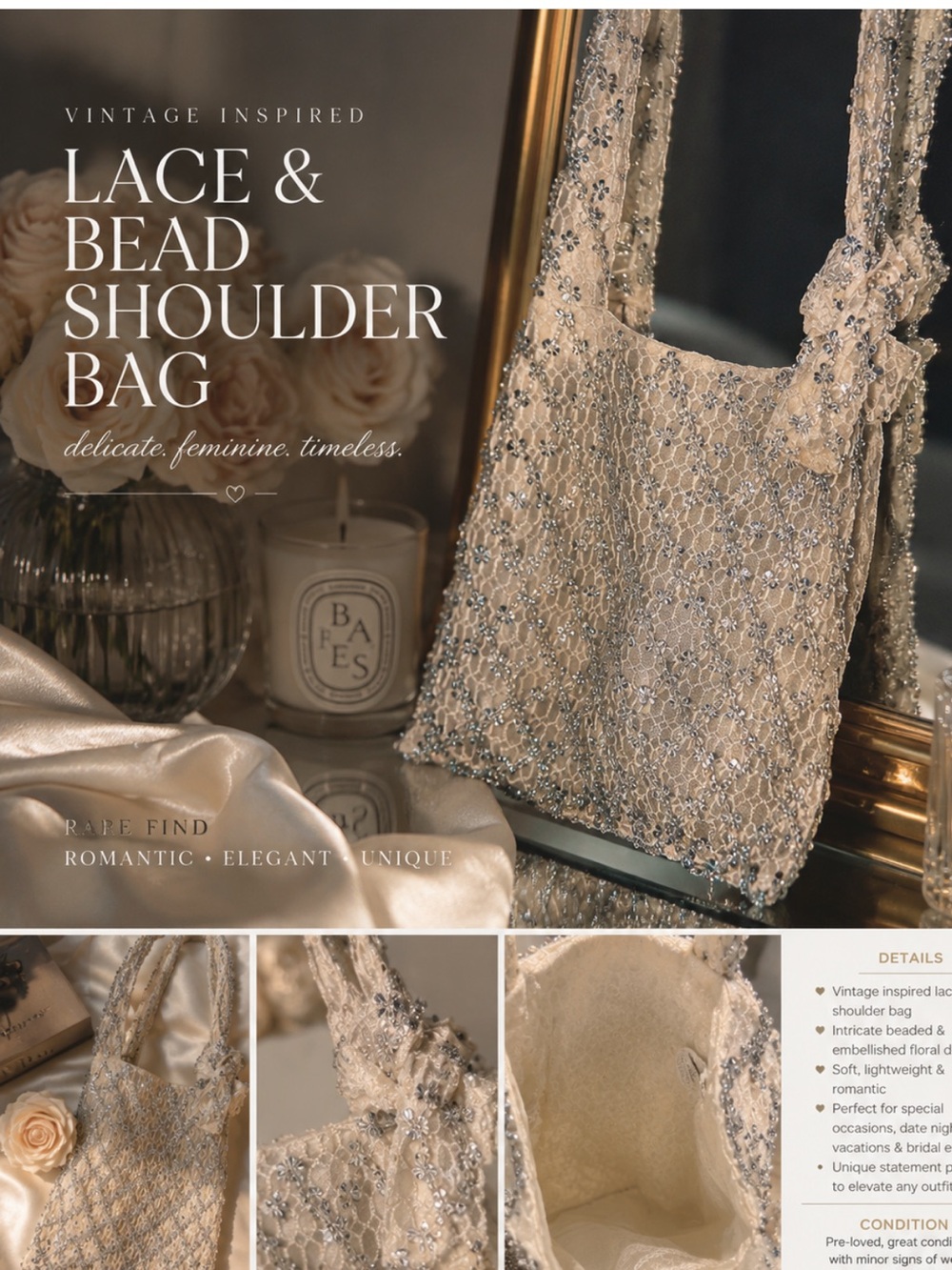 ZARA Beaded Lace Shoulder Bag Champagne Cream Embellished Romantic Evening Bag